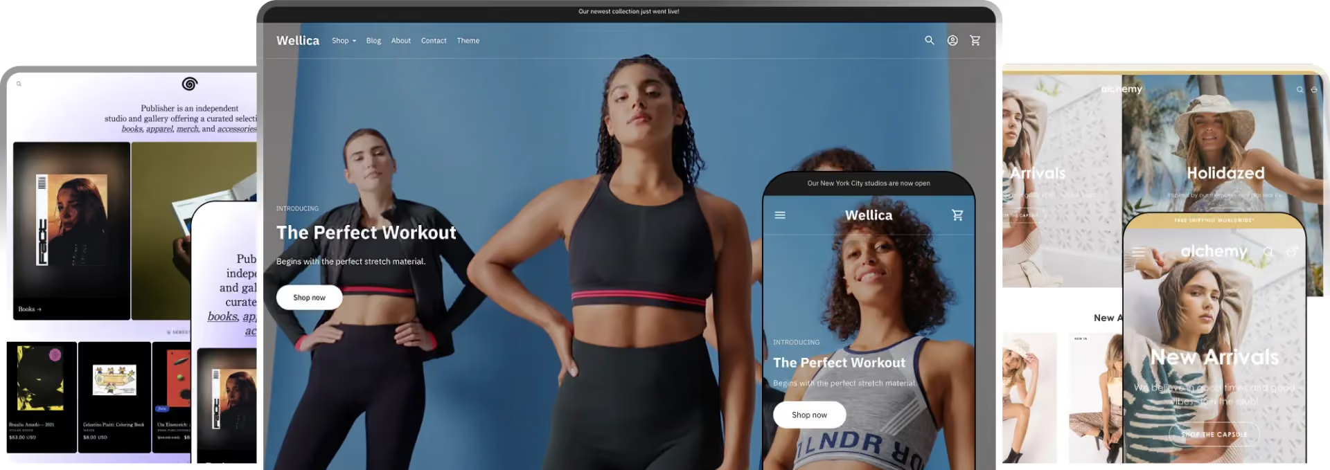 E-commerce storefronts shown across desktop and mobile layouts