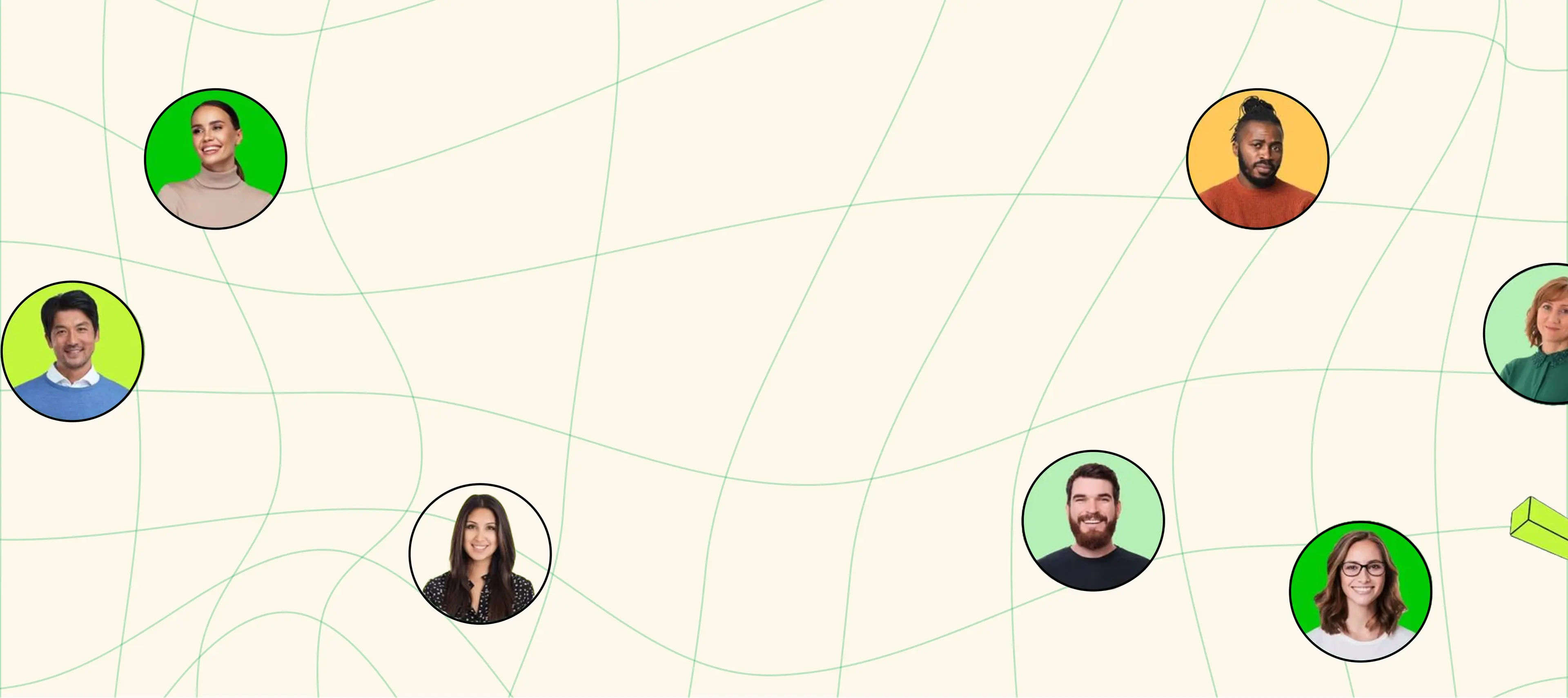 A diverse remote team connected across a flowing network